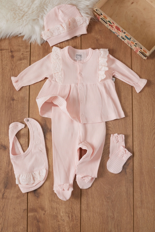 Kız Bebek Somon Fistolu 5li Şapkalı Hastane Çıkışı Seti 19476