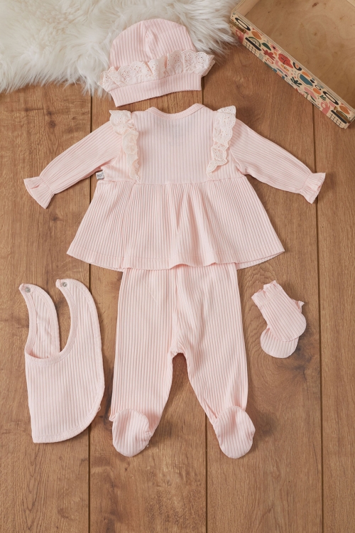 Kız Bebek Somon Fistolu 5li Şapkalı Hastane Çıkışı Seti 19476