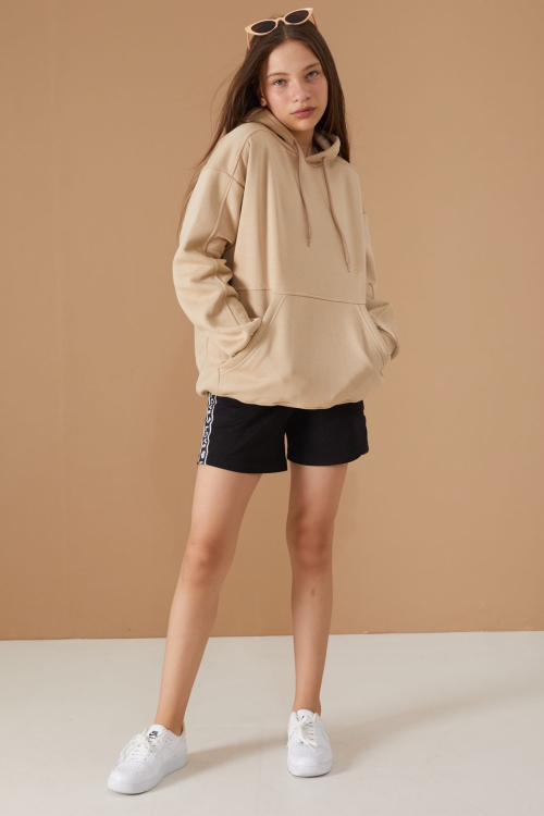 Kız Çocuk Bej Basic Uzun Kol Şardonlu Kapüşonlu Sweatshirt 19192