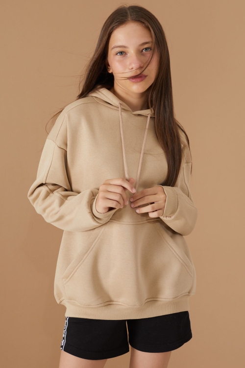 Kız Çocuk Bej Basic Uzun Kol Şardonlu Kapüşonlu Sweatshirt 19192