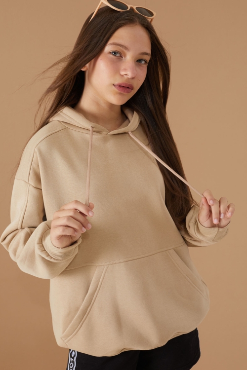 Kız Çocuk Bej Basic Uzun Kol Şardonlu Kapüşonlu Sweatshirt 19192