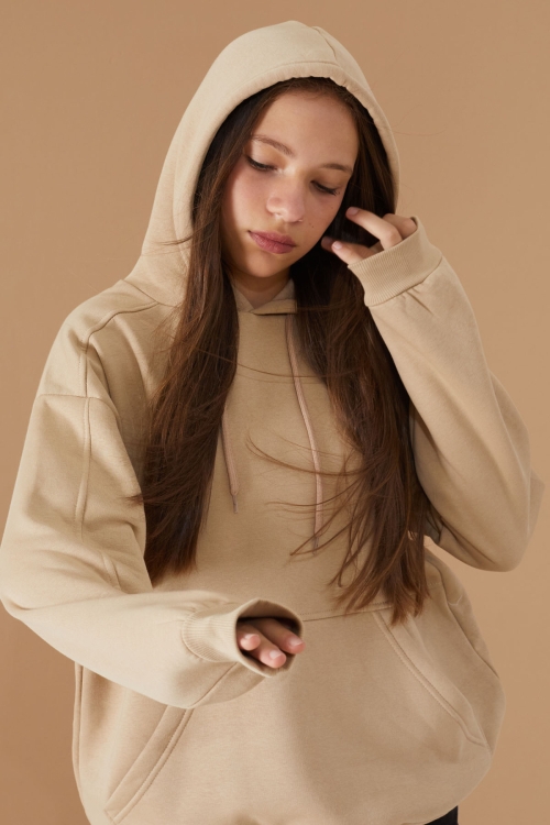 Kız Çocuk Bej Basic Uzun Kol Şardonlu Kapüşonlu Sweatshirt 19192