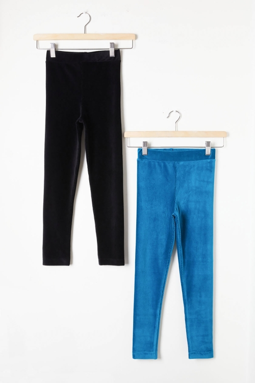 Kız Çocuk Fitilli 2li Kadife Tayt Siyah-Turkuaz 20062