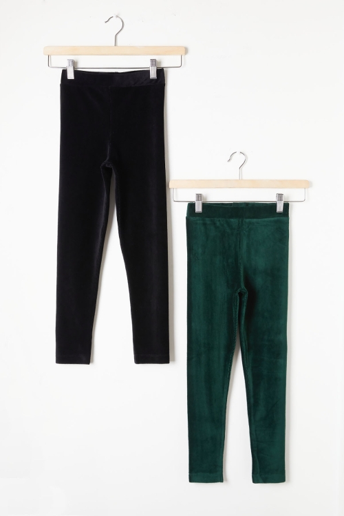 Kız Çocuk Fitilli 2li Kadife Tayt Siyah-Yeşil 20064