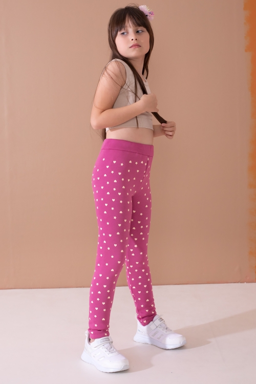 Kız Çocuk Fuşya Beli Lastikli Desenli Şardonlu Tayt 19703