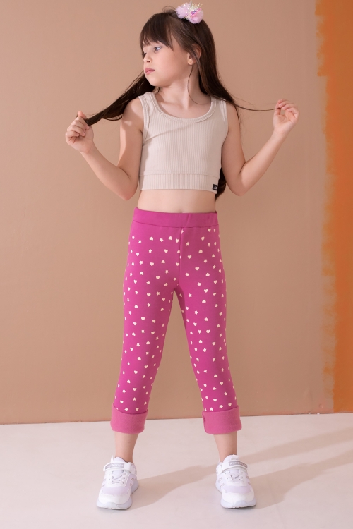 Kız Çocuk Fuşya Beli Lastikli Desenli Şardonlu Tayt 19703