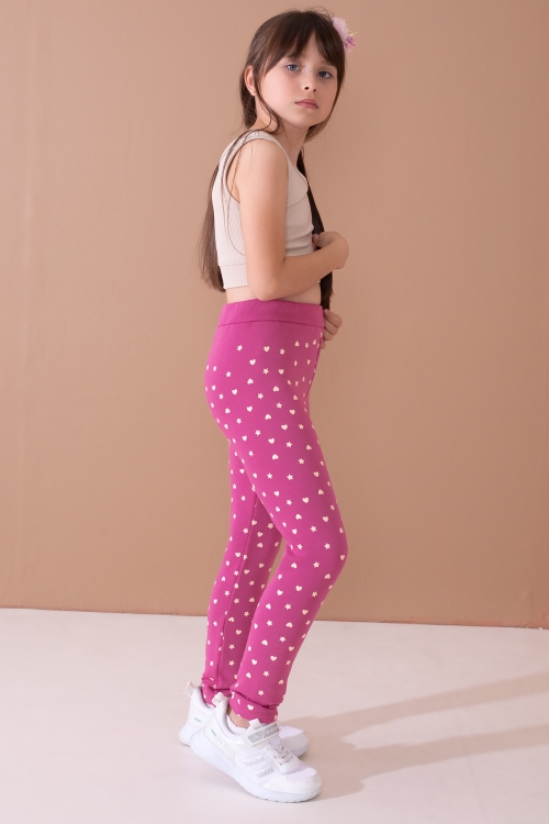 Kız Çocuk Fuşya Beli Lastikli Desenli Şardonlu Tayt 19703