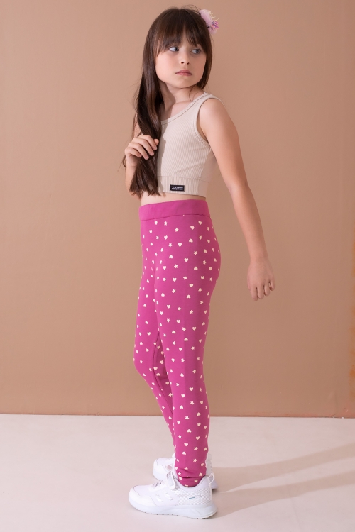 Kız Çocuk Fuşya Beli Lastikli Desenli Şardonlu Tayt 19703