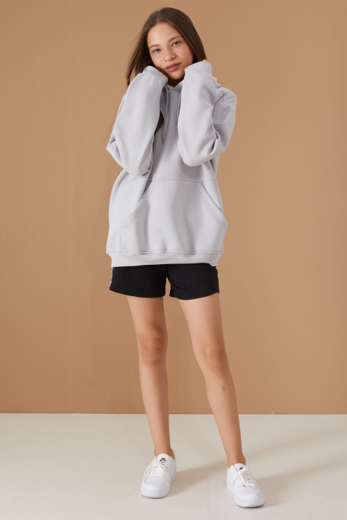 Kız Çocuk Gri Basic Uzun Kol Şardonlu Kapüşonlu Sweatshirt 19191