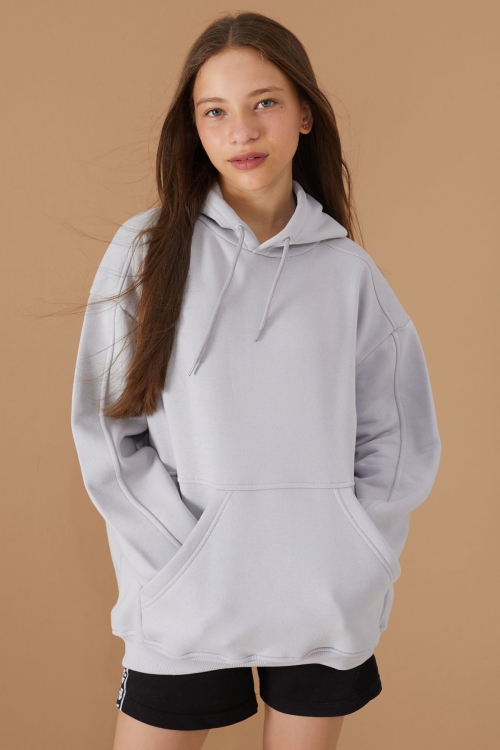 Kız Çocuk Gri Basic Uzun Kol Şardonlu Kapüşonlu Sweatshirt 19191