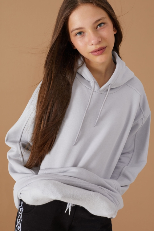Kız Çocuk Gri Basic Uzun Kol Şardonlu Kapüşonlu Sweatshirt 19191