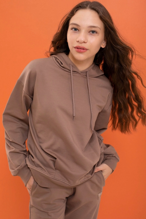 Kız Çocuk Kahverengi Basic Kapüşonlu Takım 18901
