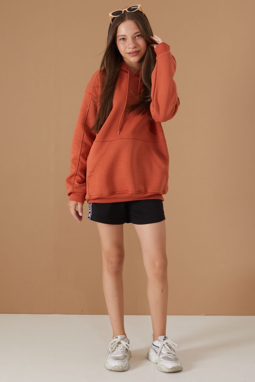 Kız Çocuk Kiremit Basic Uzun Kol Şardonlu Kapüşonlu Sweatshirt 19190