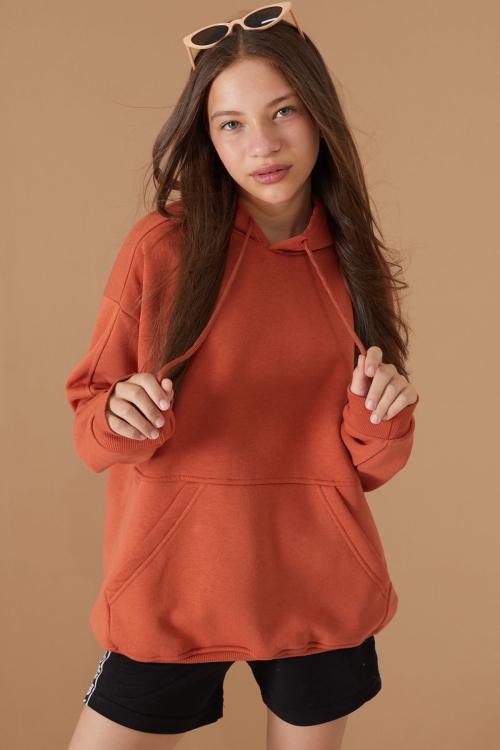 Kız Çocuk Kiremit Basic Uzun Kol Şardonlu Kapüşonlu Sweatshirt 19190