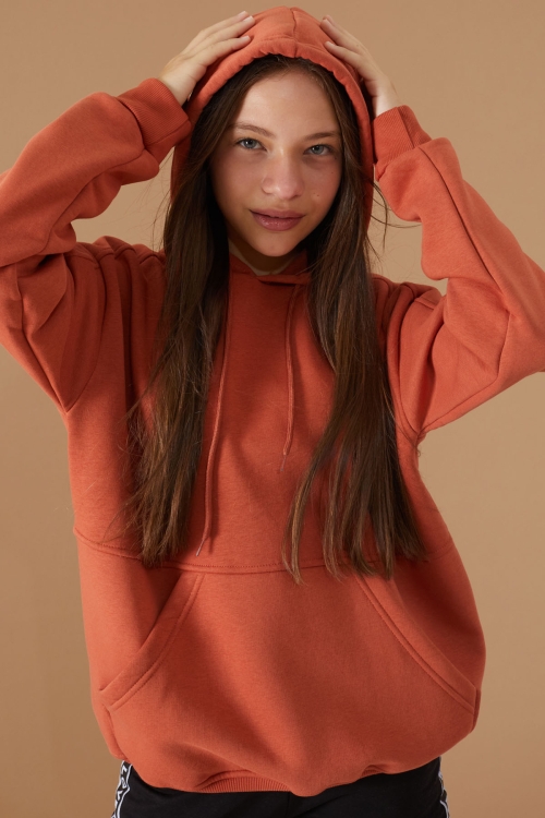 Kız Çocuk Kiremit Basic Uzun Kol Şardonlu Kapüşonlu Sweatshirt 19190