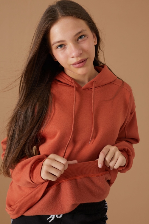 Kız Çocuk Kiremit Basic Uzun Kol Şardonlu Kapüşonlu Sweatshirt 19190