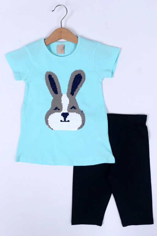 Kız Çocuk Su Yeşili Pullu Tavşan Baskı 2-5yaş Kaprilitakım 349-1 11833