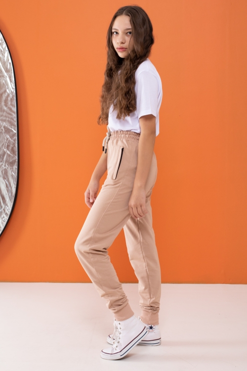 Kız Çocuk Krem Beli Lastikli Fermuarlı Cep Okul Eşofman Altı 16271