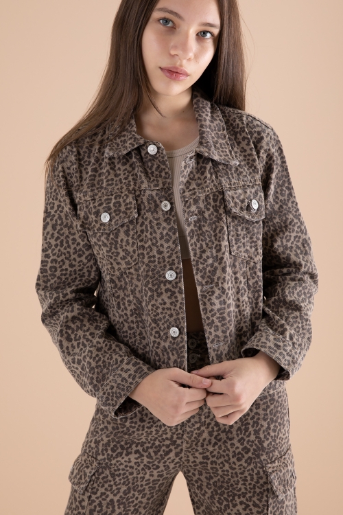 Kız Çocuk Leopar Desenli Düğmeli Ceketli Pantolonlu Jean Takım 20121