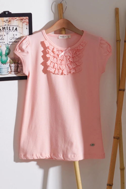 Kız Çocuk Pembe Dantelli Tişört 13955