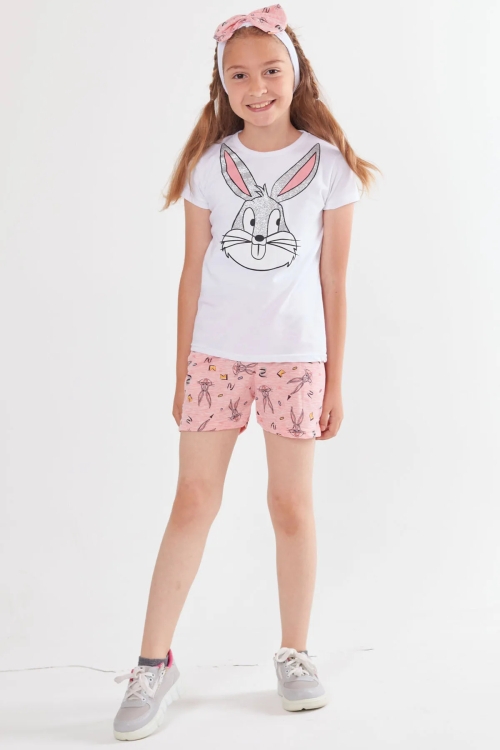 Kız Çocuk Somon Simli Tavşan Baskı 2-8 Yaş Şortlu Takım 4801