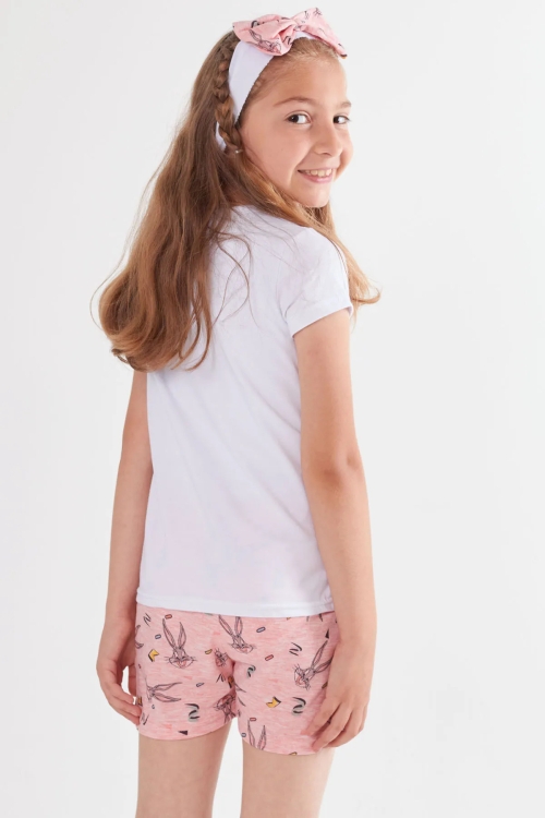 Kız Çocuk Somon Simli Tavşan Baskı 2-8 Yaş Şortlu Takım 4801