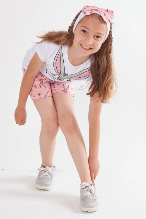 Kız Çocuk Somon Simli Tavşan Baskı 2-8 Yaş Şortlu Takım 4801