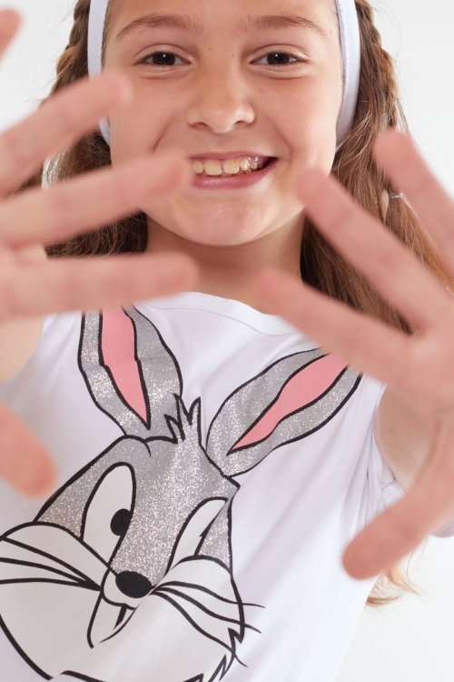 Kız Çocuk Somon Simli Tavşan Baskı 2-8 Yaş Şortlu Takım 4801