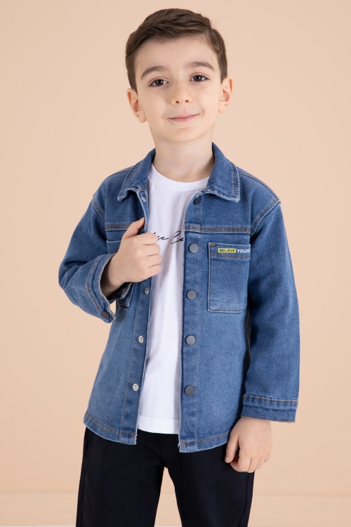 Koyu Mavi Jean Gömlekli Yazı Baskılı Tişörtlü Erkek Çocuk Pantolonlu 3lü Takım