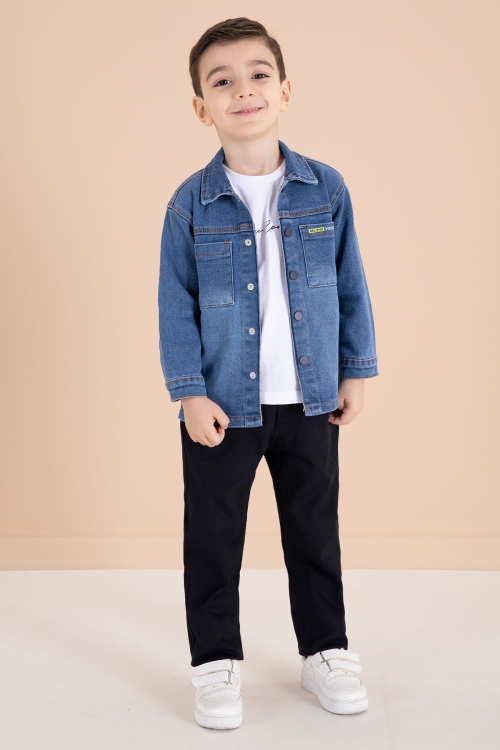 Koyu Mavi Jean Gömlekli Yazı Baskılı Tişörtlü Erkek Çocuk Pantolonlu 3lü Takım