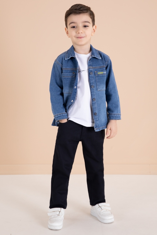 Koyu Mavi Jean Gömlekli Yazı Baskılı Tişörtlü Erkek Çocuk Pantolonlu 3lü Takım