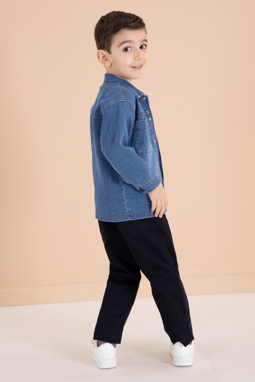 Koyu Mavi Jean Gömlekli Yazı Baskılı Tişörtlü Erkek Çocuk Pantolonlu 3lü Takım