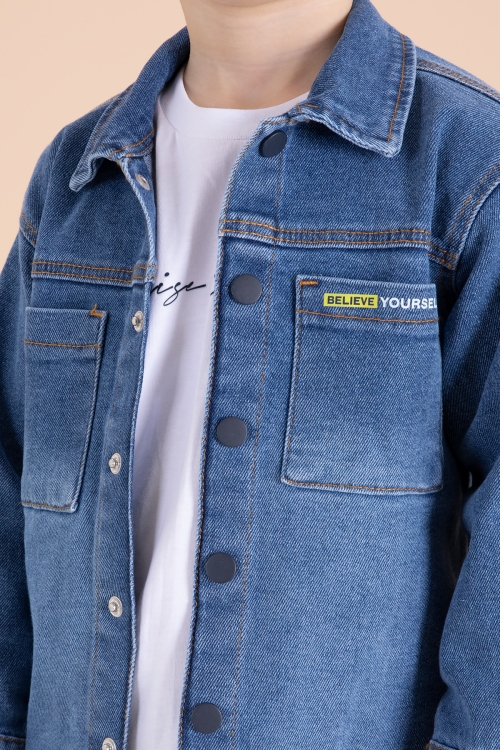 Koyu Mavi Jean Gömlekli Yazı Baskılı Tişörtlü Erkek Çocuk Pantolonlu 3lü Takım