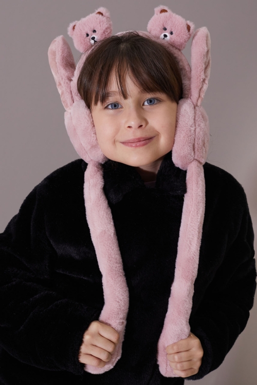 Koyu Pembe Ayıcıklı Kulaklı Hareket Ettirilebilir Çocuk Peluş Kulaklık 19798