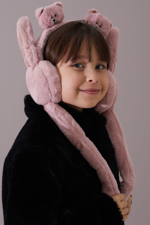 Koyu Pembe Ayıcıklı Kulaklı Hareket Ettirilebilir Çocuk Peluş Kulaklık 19798
