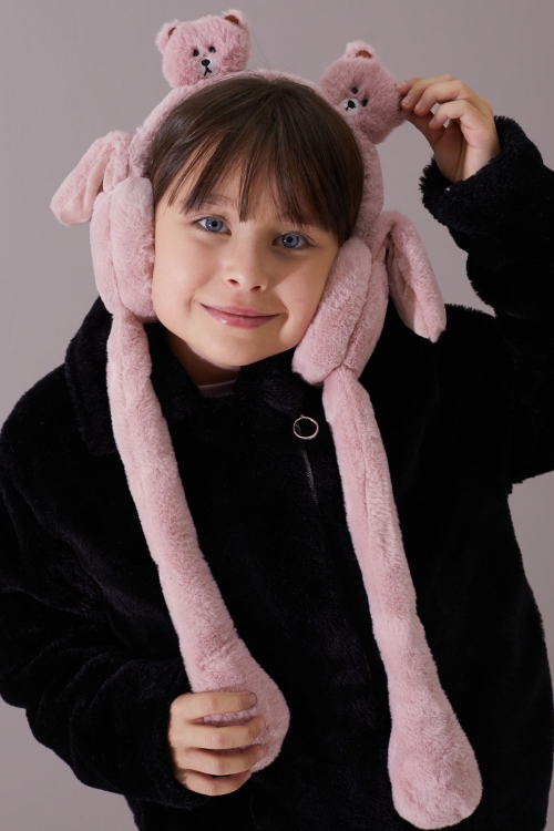 Koyu Pembe Ayıcıklı Kulaklı Hareket Ettirilebilir Çocuk Peluş Kulaklık 19798