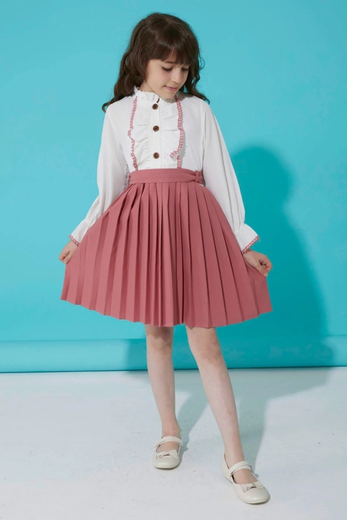 Koyu Pembe Dantelli Pileli Kız Çocuk Elbise 15074