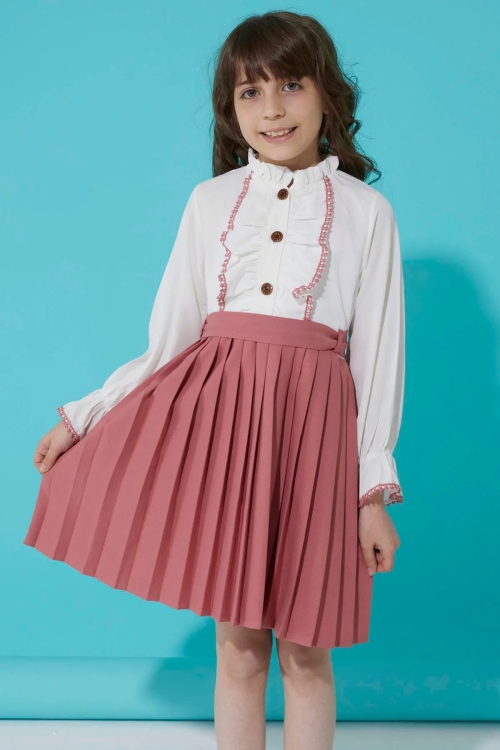 Koyu Pembe Dantelli Pileli Kız Çocuk Elbise 15074