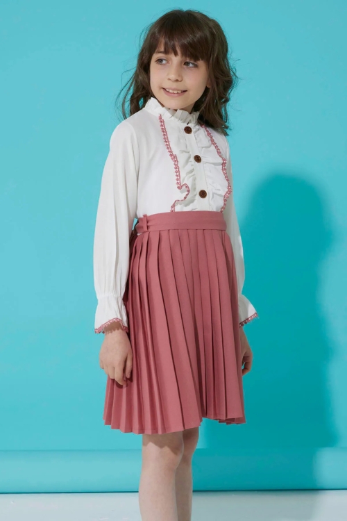 Koyu Pembe Dantelli Pileli Kız Çocuk Elbise 15074