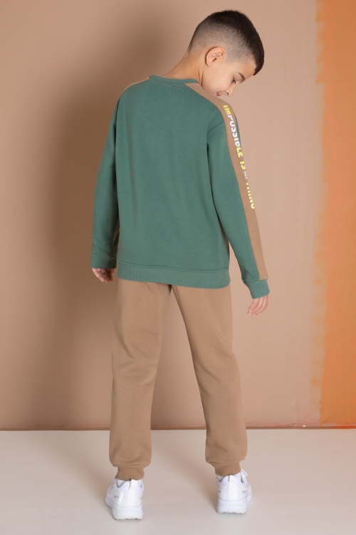 Koyu Yeşil Şerit Yazı Baskılı Şardonlu Erkek Çocuk Eşofman Takımı 19608