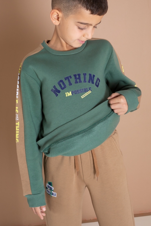 Koyu Yeşil Şerit Yazı Baskılı Şardonlu Erkek Çocuk Eşofman Takımı 19608