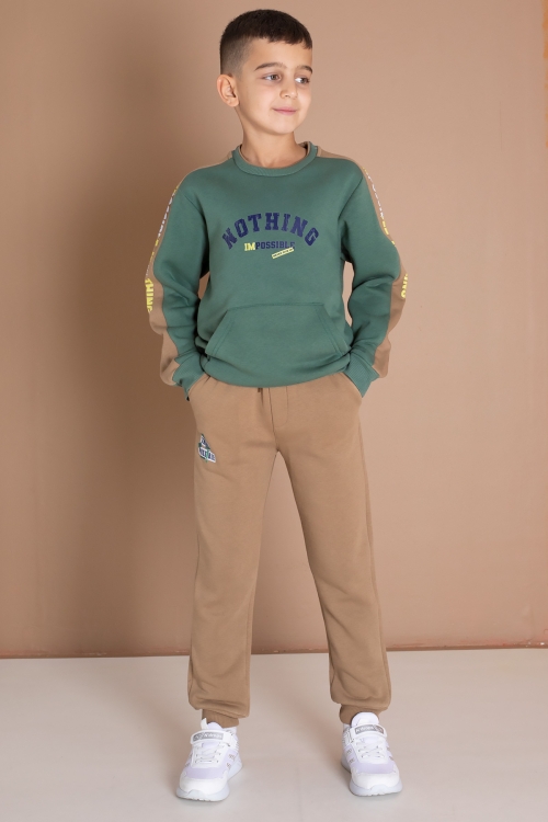 Koyu Yeşil Şerit Yazı Baskılı Şardonlu Erkek Çocuk Eşofman Takımı 19608