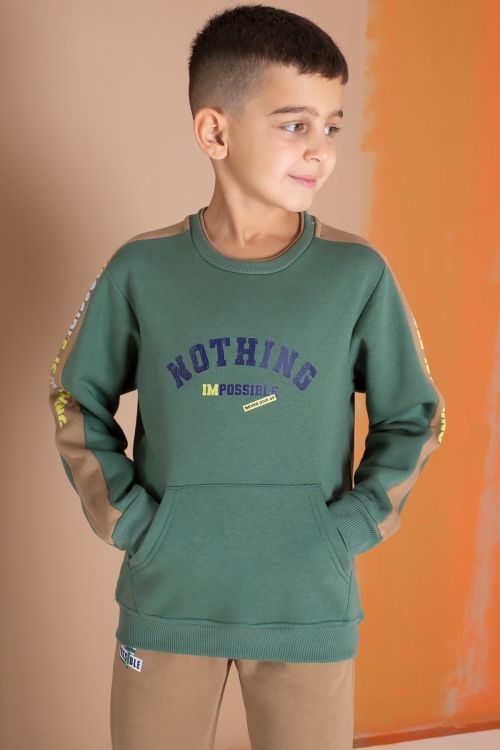 Koyu Yeşil Şerit Yazı Baskılı Şardonlu Erkek Çocuk Eşofman Takımı 19608