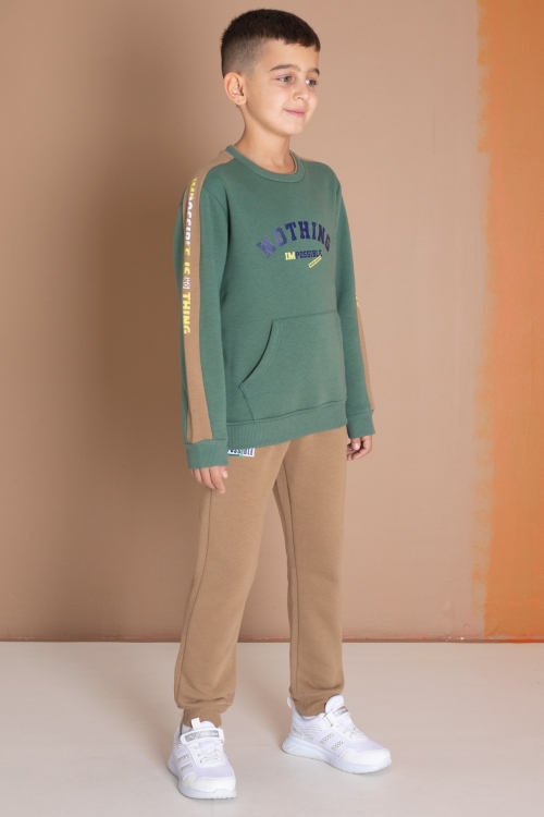 Koyu Yeşil Şerit Yazı Baskılı Şardonlu Erkek Çocuk Eşofman Takımı 19608