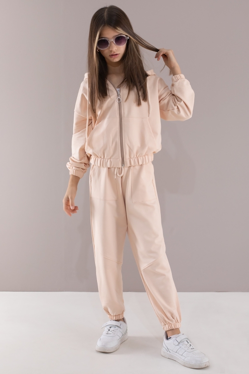 Krem Basic Kapüşonlu Hırkalı Kız Çocuk Eşofman Takımı 19766