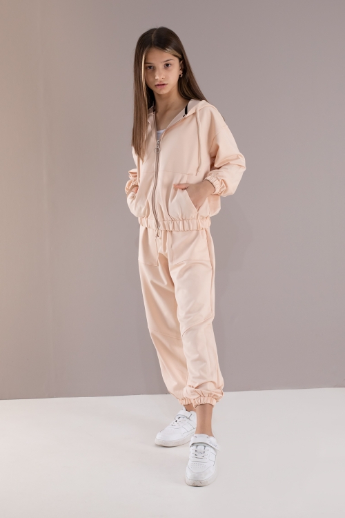 Krem Basic Kapüşonlu Hırkalı Kız Çocuk Eşofman Takımı 19766