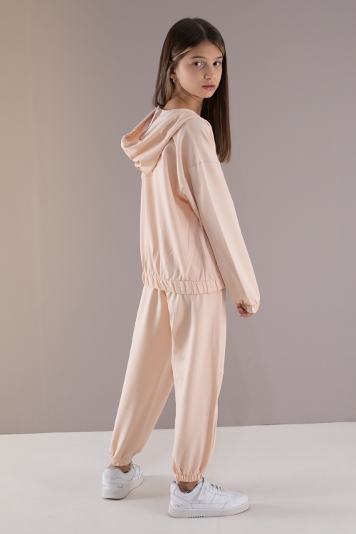 Krem Basic Kapüşonlu Hırkalı Kız Çocuk Eşofman Takımı 19766