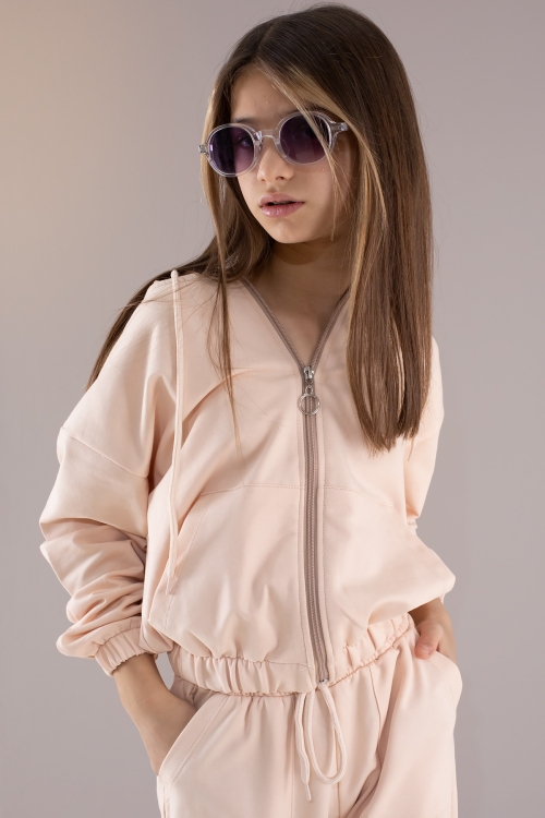 Krem Basic Kapüşonlu Hırkalı Kız Çocuk Eşofman Takımı 19766