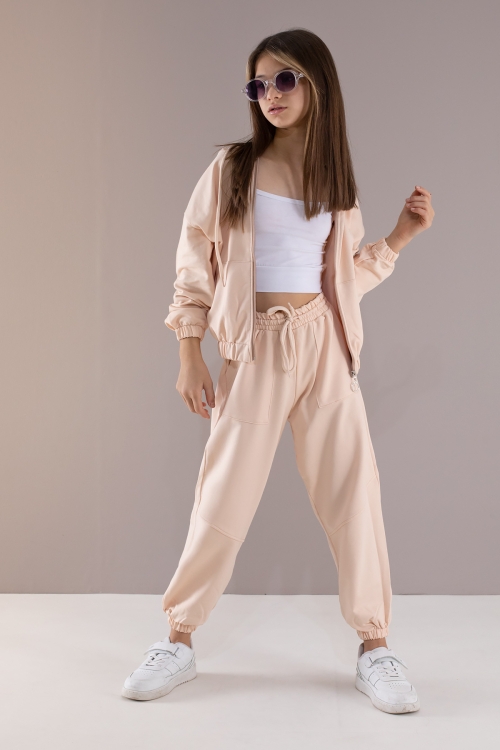 Krem Basic Kapüşonlu Hırkalı Kız Çocuk Eşofman Takımı 19766