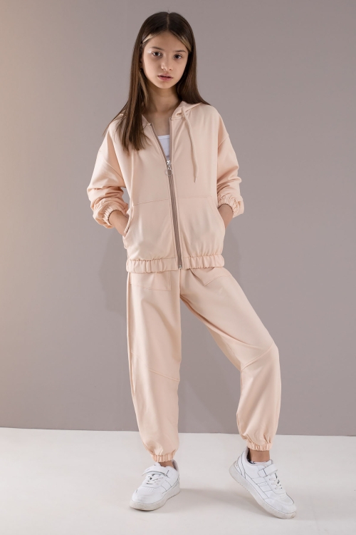 Krem Basic Kapüşonlu Hırkalı Kız Çocuk Eşofman Takımı 19766